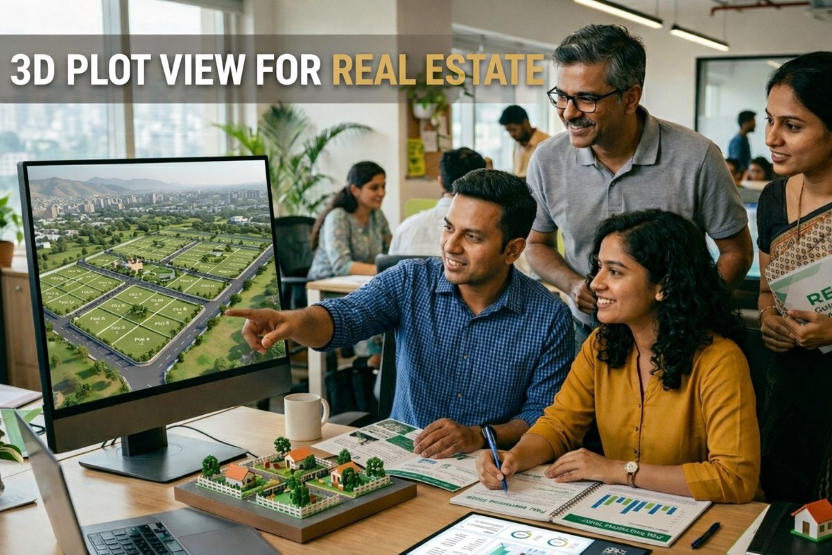 3D plot view for real estate - interactive 3D visualization of a plot layout showing boundaries, roads, measurements, and color-coded availability on a browser