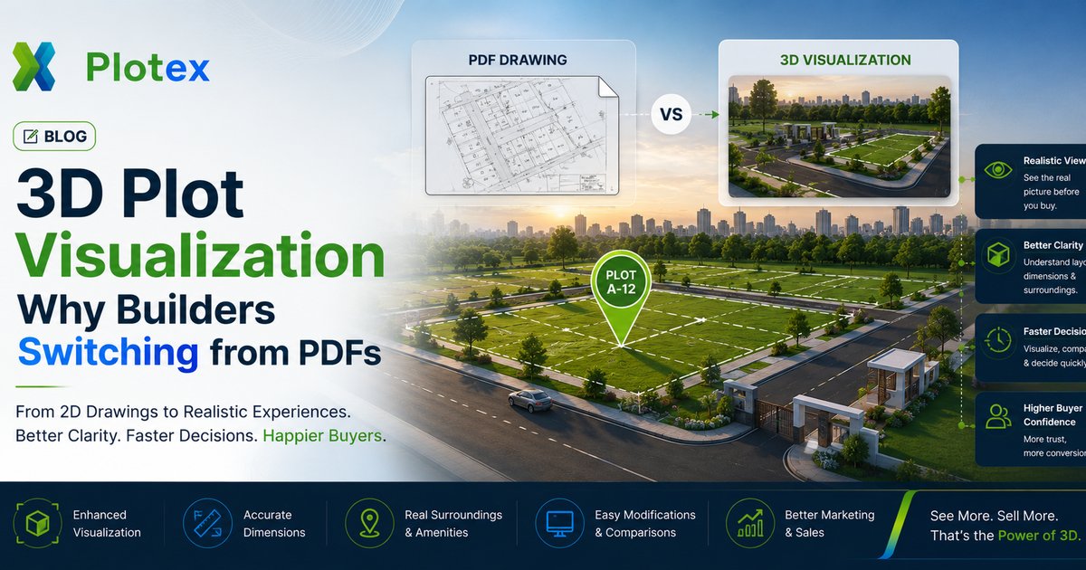 3D plot visualization for Indian builders - interactive 3D layout with marked plots, roads, amenities, and availability status replacing flat PDF maps