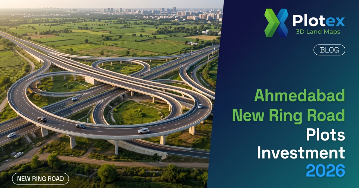 Ahmedabad Ring Road plots 2026 - residential plot layout along the widened SP Ring Road and AUDA's proposed new ring road, with TP-scheme corridors, Dholera Expressway junction and plot verification