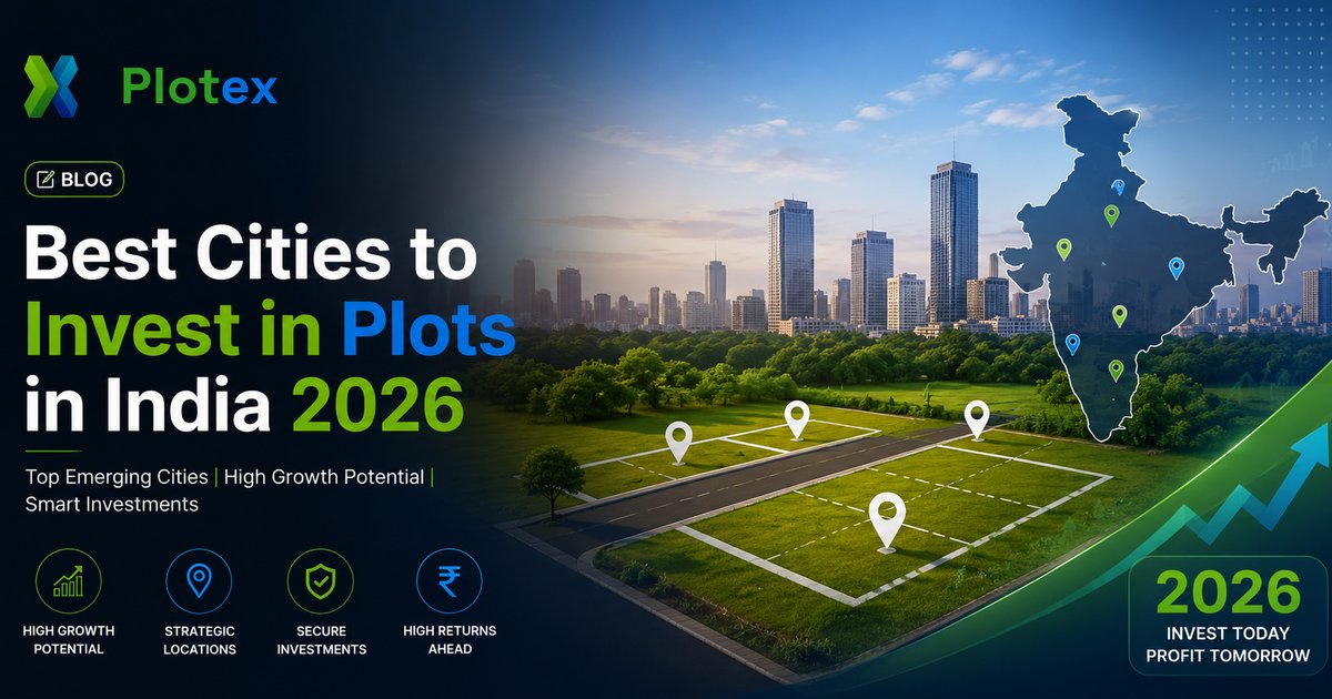 Best cities to invest in plots in India 2026 - skyline map of top 10 plot investment cities including Hyderabad, Bengaluru, Pune, Chennai, Jaipur