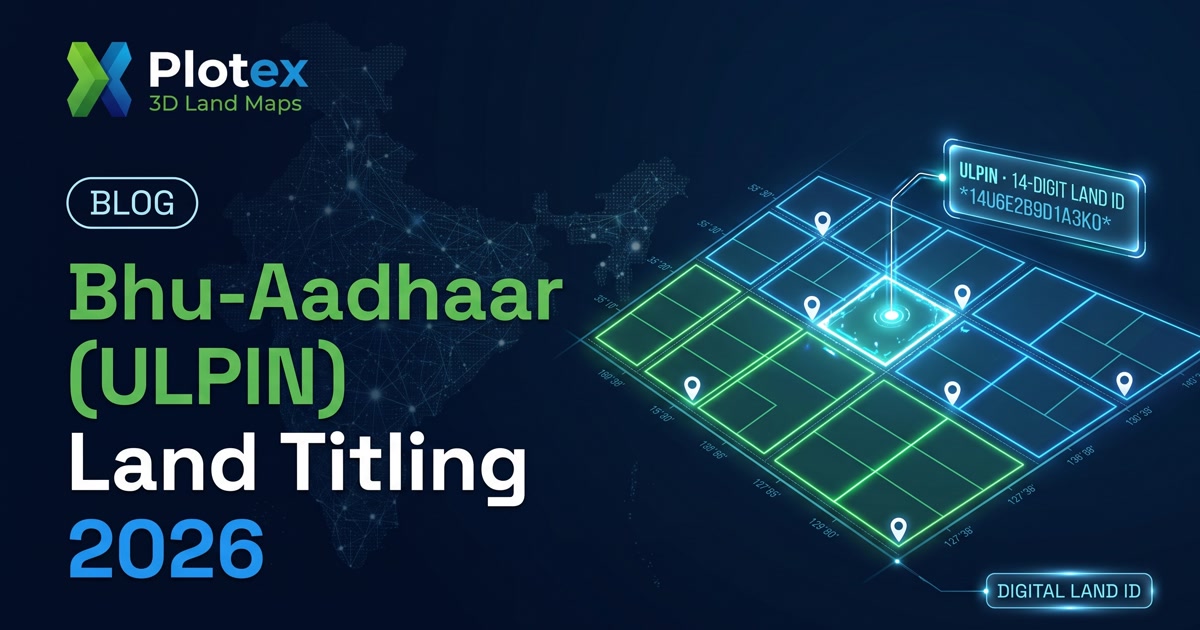 Bhu-Aadhaar ULPIN and conclusive land titling in India 2026 - a 14-digit unique land parcel identification number on a geo-referenced plot map, with land record verification and title due diligence