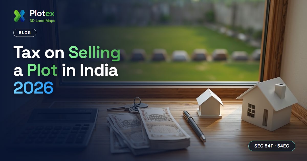 Tax on selling a plot in India 2026 banner - 24-month holding rule, 12.5 percent LTCG, Section 54F, 54EC bonds and TDS check