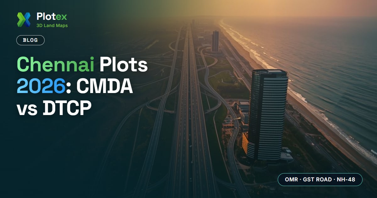 Chennai plots 2026 banner - CMDA versus DTCP, the OMR, GST Road and NH-48 corridors, patta and chitta, guideline value