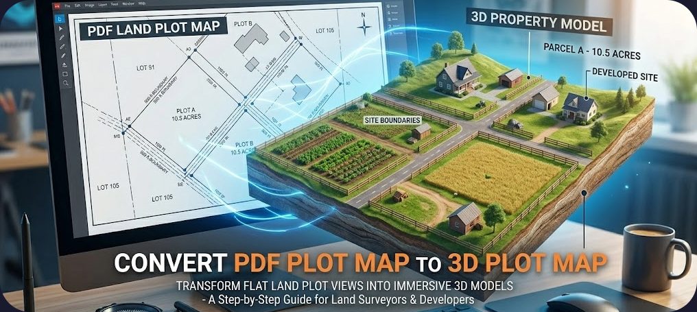 Convert PDF map to 3D plot visualization - before and after showing a 2D paper plot map transformed into an interactive 3D land layout