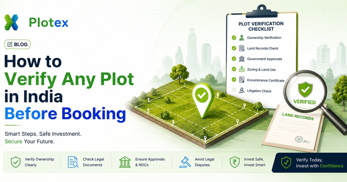 How to verify any plot in India before booking - checklist with magnifying glass over land documents, RERA certificate, and 3D plot layout