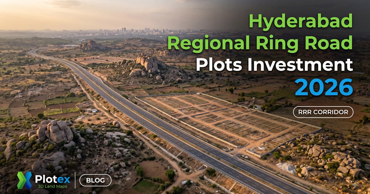 Hyderabad Regional Ring Road plots 2026 - HMDA-approved residential plot layout along the RRR corridor between Sangareddy, Choutuppal and Shadnagar, showing plot numbering, LRS status and road frontage