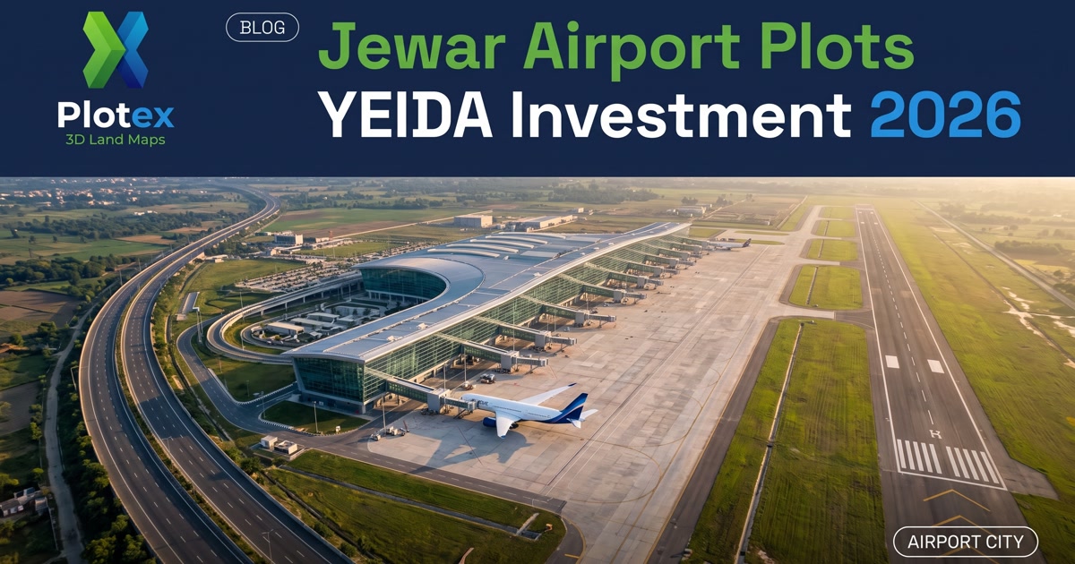 Jewar Airport plots and YEIDA investment 2026 - residential plot layout along the Yamuna Expressway near the Noida International Airport, with RPS-10 scheme sectors, connectivity roads and RERA verification