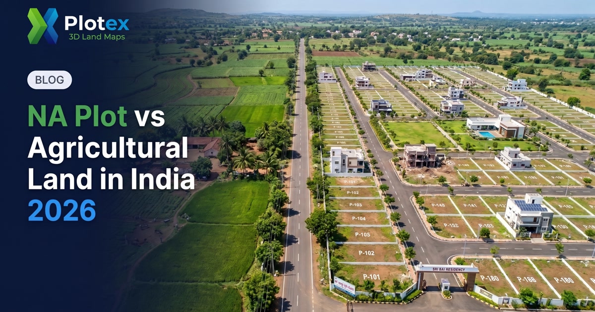 NA plot vs agricultural land in India 2026 - comparison of a converted non-agricultural residential plot layout versus uncoverted farm land, with NA conversion, DTCP approval and RERA verification