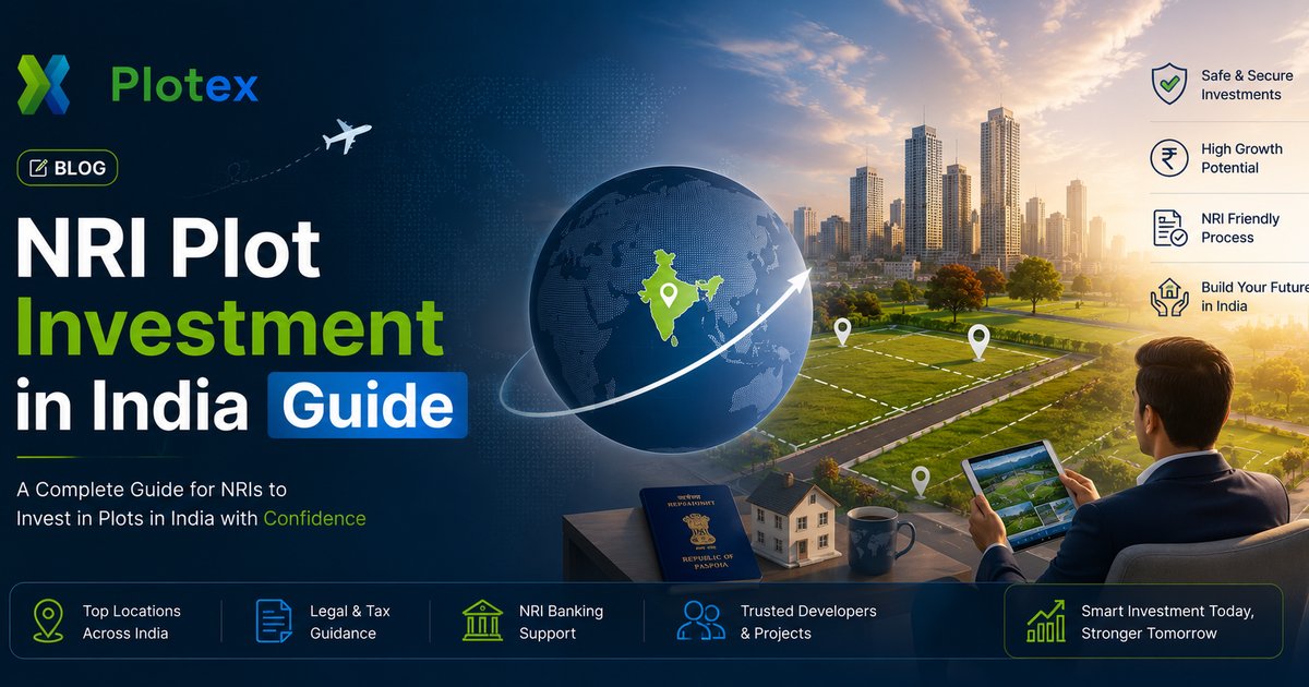 NRI plot investment in India 2026 - globe with arrows connecting to Indian cities showing plot investment corridors and 3D verification