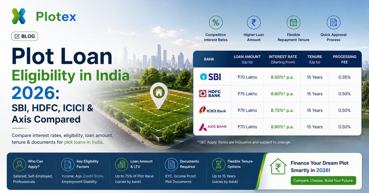Plot loan eligibility in India 2026 - comparison chart of SBI Realty, HDFC Plot Loan, ICICI Land Loan, and Axis Plot Loan with bank logos and key terms