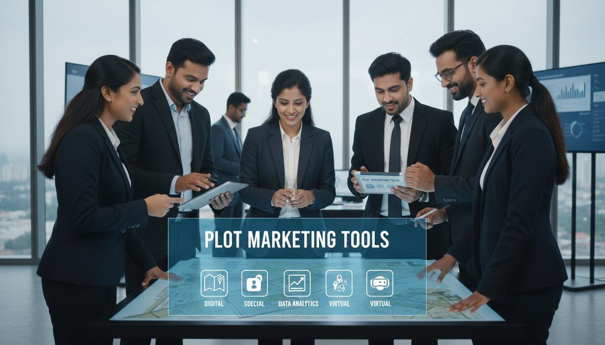 Plot marketing tools overview - showing digital marketing channels including 3D visualization, property portals, social media, WhatsApp, and Google Ads for real estate developers