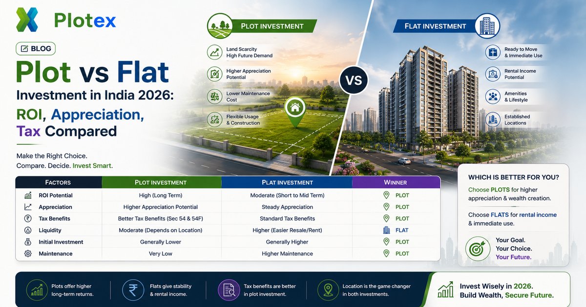 Plot vs flat investment in India 2026 - side-by-side comparison illustration showing open land plot, apartment building, and ROI / appreciation arrows