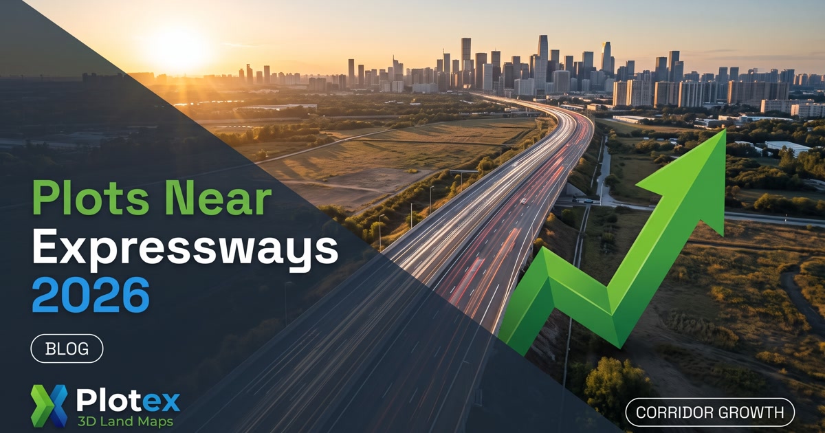 Buying plots near expressways in India 2026 - residential plot layout along a new expressway corridor with interchange access, growth arrow and plot verification for land investment
