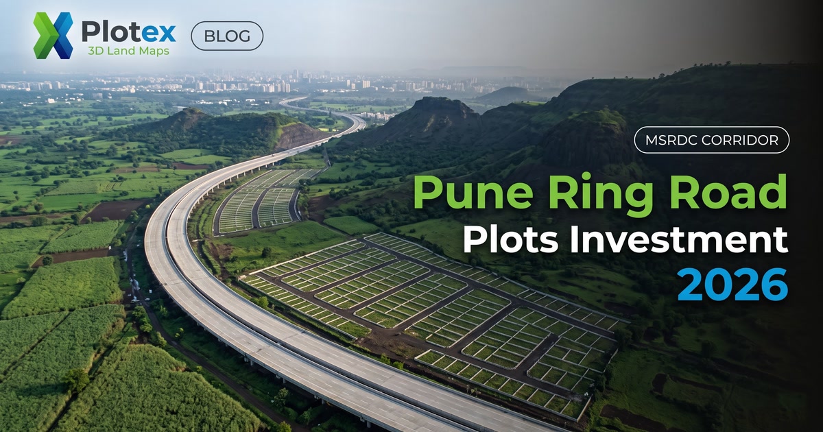 Pune Ring Road plots 2026 - PMRDA-sanctioned residential plot layout along the MSRDC ring road corridor through Maval, Mulshi and Haveli talukas, showing plot numbering, road frontage and reservation boundaries