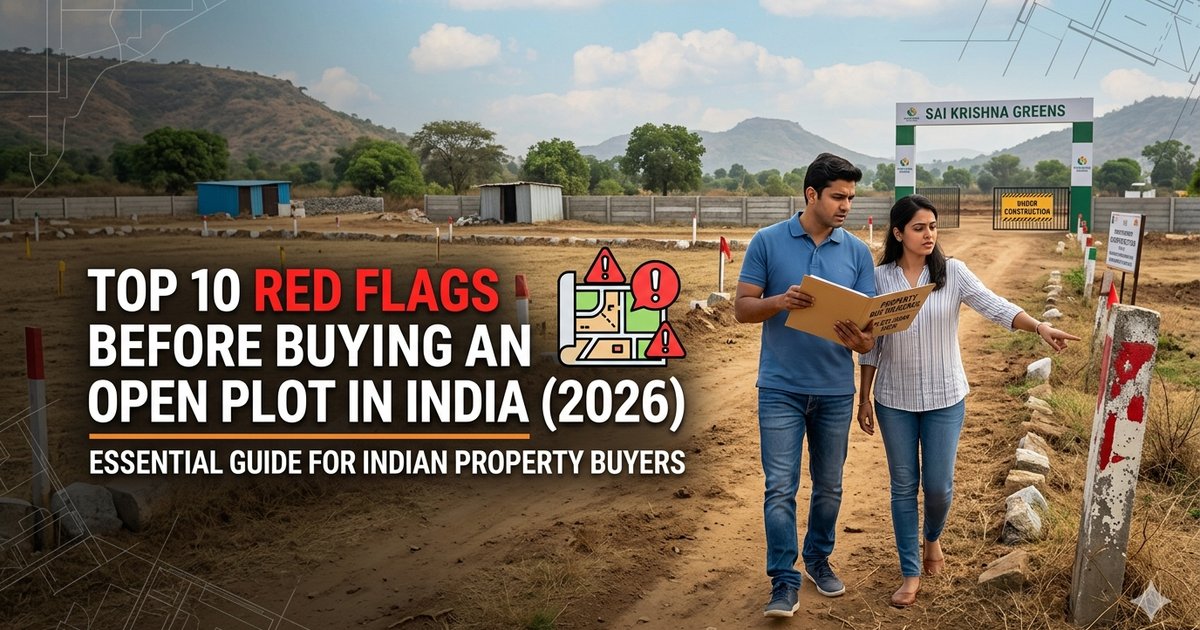 Top 10 red flags before buying an open plot in India - warning sign overlay on plot layout with checklist of fraud indicators