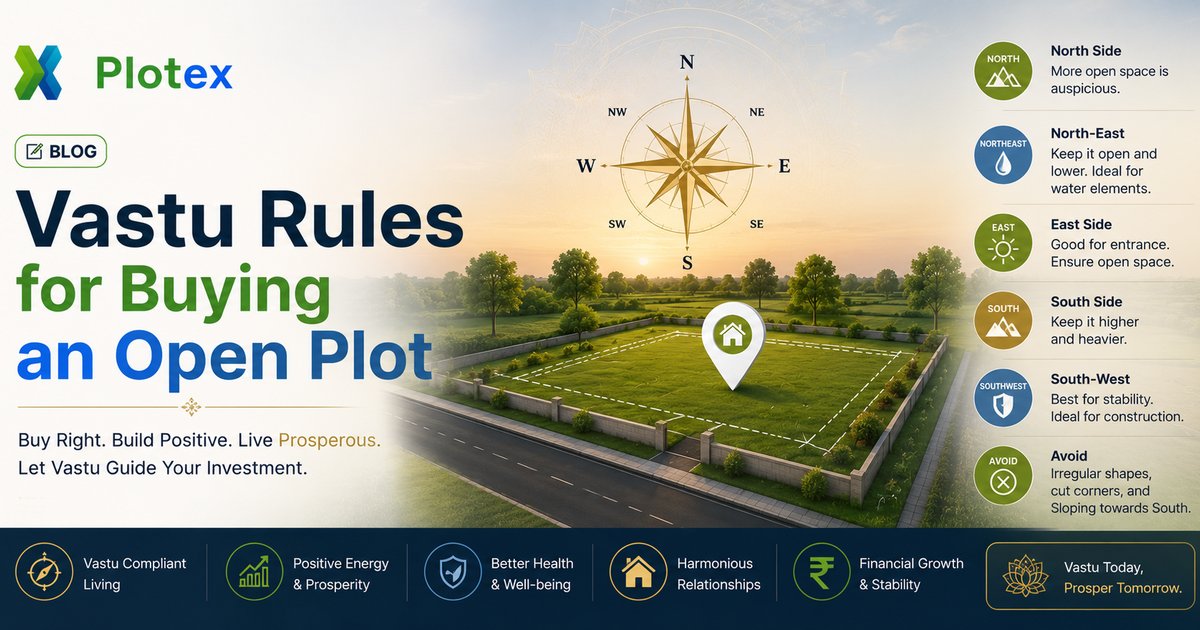 Vastu rules for buying an open plot - directional compass overlay on plot layout showing North, East, North-East auspicious zones and South-West restrictions