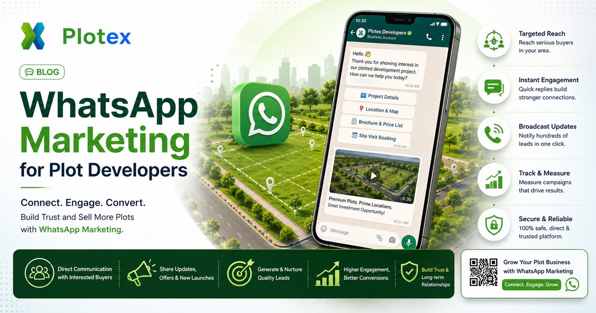 WhatsApp marketing for plot developers - phone screen showing real-estate WhatsApp Business chat with 3D plot link, broadcast lists, and lead conversion templates