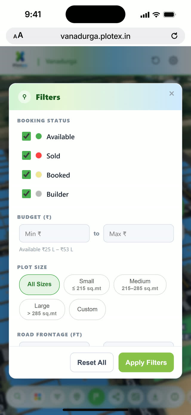 Vanadurga demo filters: booking status, budget, plot size and road frontage
