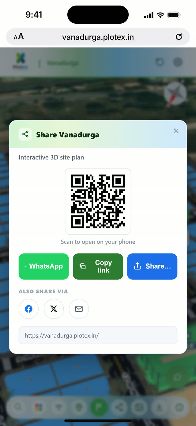 Vanadurga demo share sheet: QR code, WhatsApp and copy link