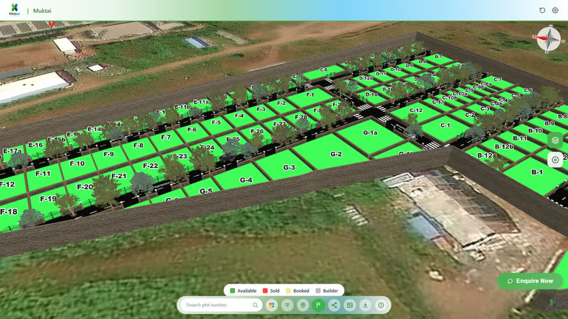 Muktai — rows of residential plots in 3D with plot numbers and tree-lined roads