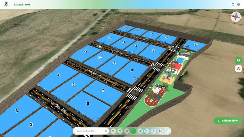 Nirvana Farms — farm plots in 3D along the internal road, beside the play area