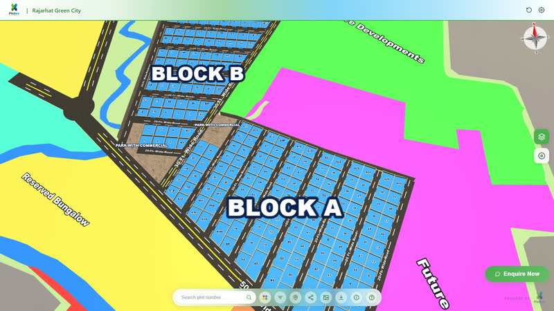 Rajarhat Green City, Kolkata — Block A and Block B plots in 3D beside the reserved-bungalow and future-development zones